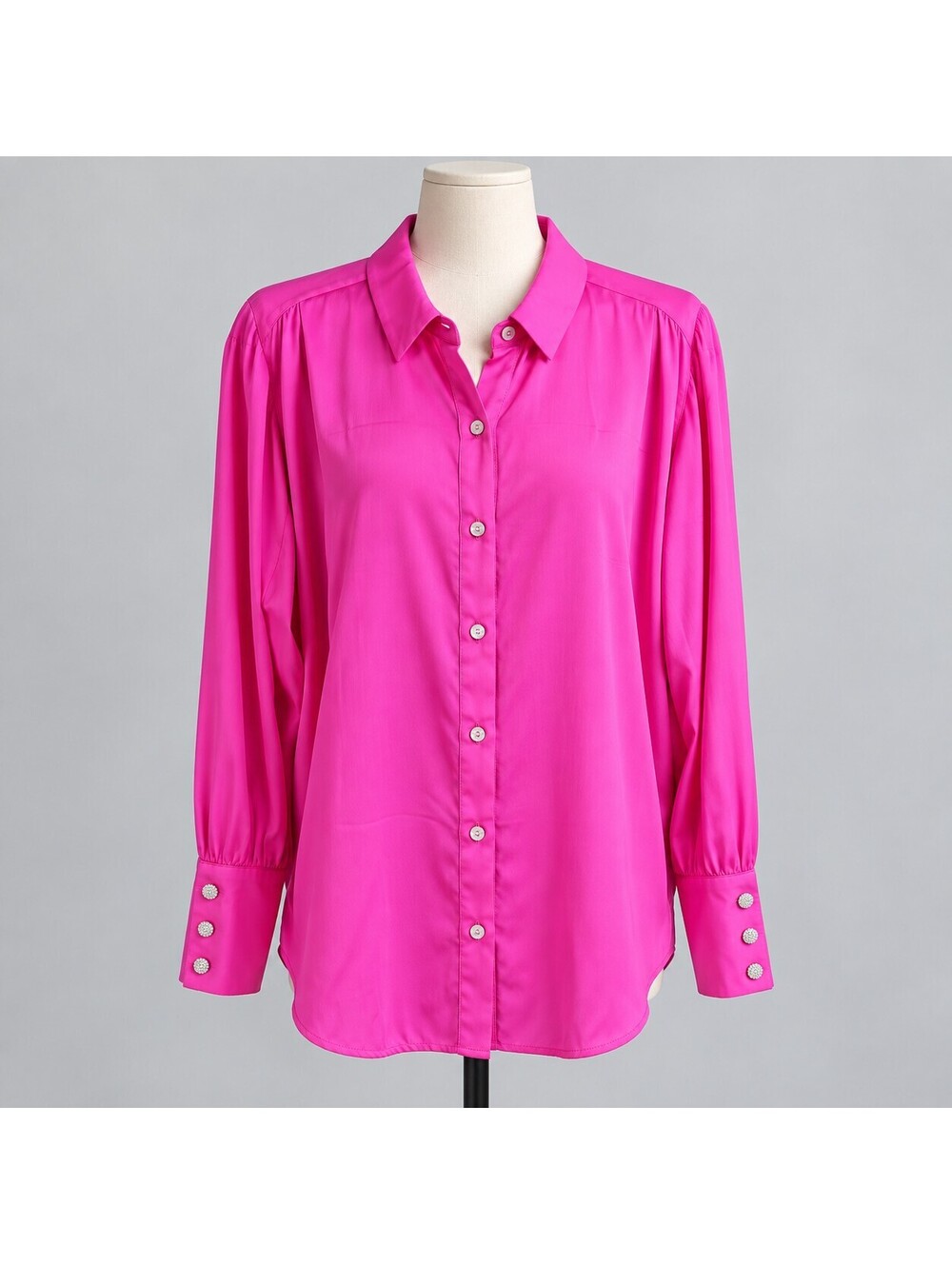 Halogen Women's Long Sleeve Button Blouse in Bright Pink with Rhinestone buttons